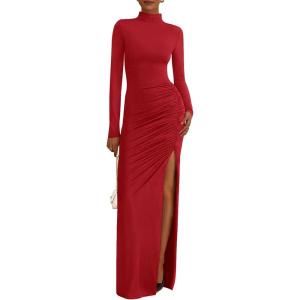 BTFBM Formal Dresses for Women 2026 Spring Long Sleeve Mock Neck Ruched Bodycon Slit Maxi Wedding Guest Dress Cocktail(Red)