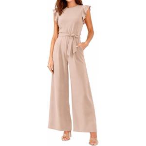 BTFBM Jumpsuits For Women 2026 Crew Neck Dressy Cap Sleeve Belted High Waist Wide Leg Romper One Piece Casual Outfits Pockets(Apricot)