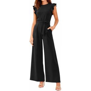 BTFBM Jumpsuits For Women 2026 Crew Neck Dressy Cap Sleeve Belted High Waist Wide Leg Romper One Piece Casual Outfits Pockets(Black)