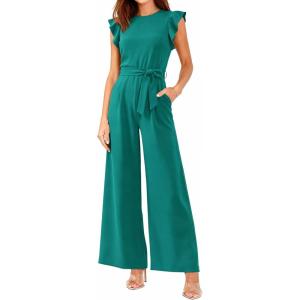 BTFBM Jumpsuits For Women 2026 Crew Neck Dressy Cap Sleeve Belted High Waist Wide Leg Romper One Piece Casual Outfits Pockets(Blue Green)