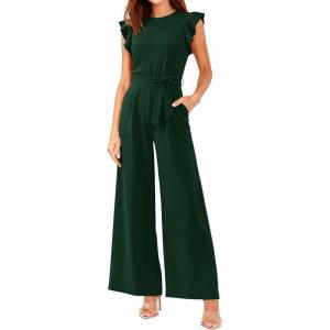 BTFBM Jumpsuits For Women 2026 Crew Neck Dressy Cap Sleeve Belted High Waist Wide Leg Romper One Piece Casual Outfits Pockets(Dark Green)