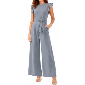 BTFBM Jumpsuits For Women 2026 Crew Neck Dressy Cap Sleeve Belted High Waist Wide Leg Romper One Piece Casual Outfits Pockets(Grey)