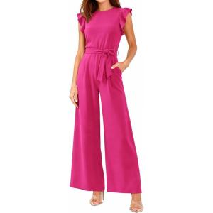 BTFBM Jumpsuits For Women 2026 Crew Neck Dressy Cap Sleeve Belted High Waist Wide Leg Romper One Piece Casual Outfits Pockets(Rose Red)