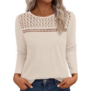 BTFBM Lace Long Sleeve Shirts Womens Tops Dressy Casual Knit Boho Lightweight Blouses Winter Clothing Fall Fashion(Beige)