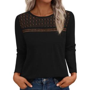 BTFBM Lace Long Sleeve Shirts Womens Tops Dressy Casual Knit Boho Lightweight Blouses Winter Clothing Fall Fashion(Black)