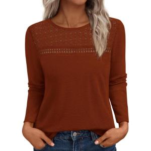 BTFBM Lace Long Sleeve Shirts Womens Tops Dressy Casual Knit Boho Lightweight Blouses Winter Clothing Fall Fashion(Brick Red)