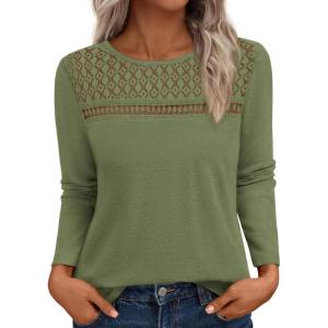 BTFBM Lace Long Sleeve Shirts Womens Tops Dressy Casual Knit Boho Lightweight Blouses Winter Clothing Fall Fashion(Dark Grey Green)