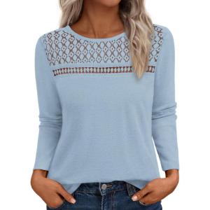 BTFBM Lace Long Sleeve Shirts Womens Tops Dressy Casual Knit Boho Lightweight Blouses Winter Clothing Fall Fashion(Light Blue)