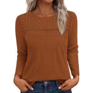 BTFBM Lace Long Sleeve Shirts Womens Tops Dressy Casual Knit Boho Lightweight Blouses Winter Clothing Fall Fashion(Orange Brown)
