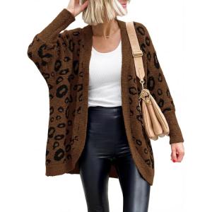 BTFBM Leopard Cardigan for Women Long Sleeve Open Front Cardigans Sweaters Pockets Loose Knit 2025 Fall Winter Outwear(Coffee)