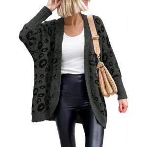 BTFBM Leopard Cardigan for Women Long Sleeve Open Front Cardigans Sweaters Pockets Loose Knit 2025 Fall Winter Outwear(Dark Grey)