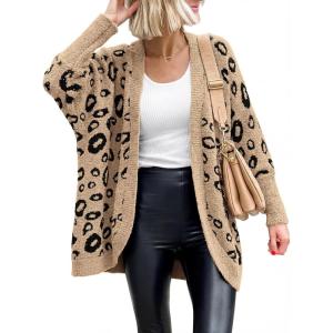 BTFBM Leopard Cardigan for Women Long Sleeve Open Front Cardigans Sweaters Pockets Loose Knit 2025 Fall Winter Outwear(Khaki)