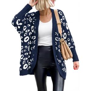 BTFBM Leopard Cardigan for Women Long Sleeve Open Front Cardigans Sweaters Pockets Loose Knit 2025 Fall Winter Outwear(Navy)