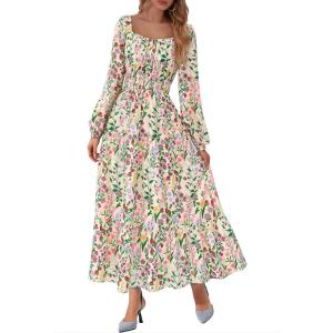 BTFBM Long Sleeve Dress for Women 2026 Spring Fall Boho Floral Square Neck Casual Flowy Long Wedding Guest Maxi Dresses(Floral Apricot Multi)
