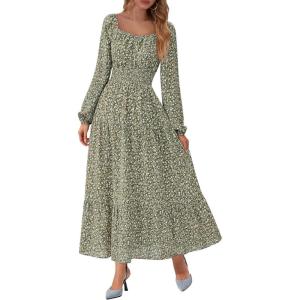 BTFBM Long Sleeve Dress for Women 2026 Spring Fall Boho Floral Square Neck Casual Flowy Long Wedding Guest Maxi Dresses(Floral Army Green)