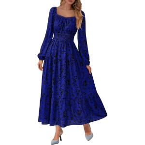 BTFBM Long Sleeve Dress for Women 2026 Spring Fall Boho Floral Square Neck Casual Flowy Long Wedding Guest Maxi Dresses(Floral Blue Black)