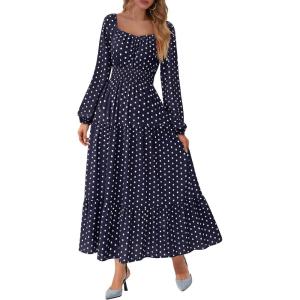 BTFBM Long Sleeve Dress for Women 2026 Spring Fall Boho Floral Square Neck Casual Flowy Long Wedding Guest Maxi Dresses(Polka Dot Blue White)