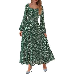 BTFBM Long Sleeve Dress for Women 2026 Spring Fall Boho Floral Square Neck Casual Flowy Long Wedding Guest Maxi Dresses(Polka Dot Green)