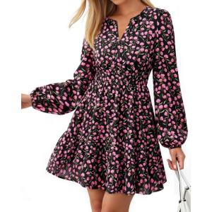 BTFBM Long Sleeve Dress for Women 2026 Spring Summer Mini Elastic Waist Floral Boho Beach Vacation Wedding Guest Dresses(Black Pink Flower)