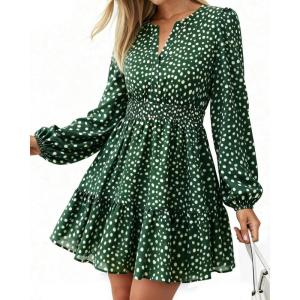BTFBM Long Sleeve Dress for Women 2026 Spring Summer Mini Elastic Waist Floral Boho Beach Vacation Wedding Guest Dresses(Dot Green White)