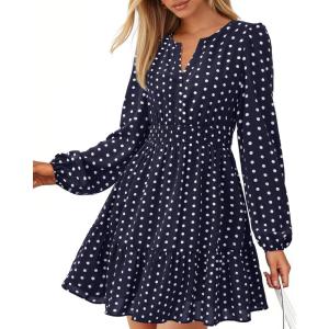 BTFBM Long Sleeve Dress for Women 2026 Spring Summer Mini Elastic Waist Floral Boho Beach Vacation Wedding Guest Dresses(Dot Navy White)
