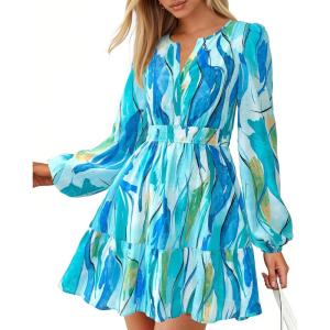 BTFBM Long Sleeve Dress for Women 2026 Spring Summer Mini Elastic Waist Floral Boho Beach Vacation Wedding Guest Dresses(Floral Blue Green)