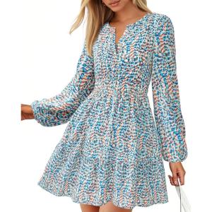 BTFBM Long Sleeve Dress for Women 2026 Spring Summer Mini Elastic Waist Floral Boho Beach Vacation Wedding Guest Dresses(Floral Blue White)