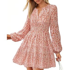 BTFBM Long Sleeve Dress for Women 2026 Spring Summer Mini Elastic Waist Floral Boho Beach Vacation Wedding Guest Dresses(Floral Orange)