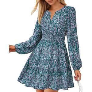 BTFBM Long Sleeve Dress for Women 2026 Spring Summer Mini Elastic Waist Floral Boho Beach Vacation Wedding Guest Dresses(Floral Purple Green)