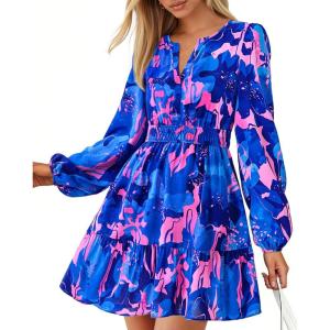 BTFBM Long Sleeve Dress for Women 2026 Spring Summer Mini Elastic Waist Floral Boho Beach Vacation Wedding Guest Dresses(Flower Blue Pink)