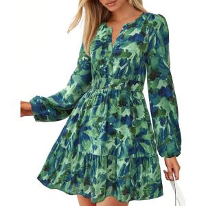 BTFBM Long Sleeve Dress for Women 2026 Spring Summer Mini Elastic Waist Floral Boho Beach Vacation Wedding Guest Dresses(Flower Green)