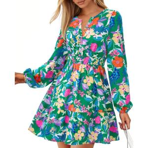 BTFBM Long Sleeve Dress for Women 2026 Spring Summer Mini Elastic Waist Floral Boho Beach Vacation Wedding Guest Dresses(Green Orange Flower)