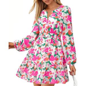 BTFBM Long Sleeve Dress for Women 2026 Spring Summer Mini Elastic Waist Floral Boho Beach Vacation Wedding Guest Dresses(Green Pink Flower)