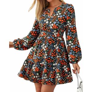 BTFBM Long Sleeve Dress for Women 2026 Spring Summer Mini Elastic Waist Floral Boho Beach Vacation Wedding Guest Dresses(Multi Black)