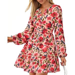 BTFBM Long Sleeve Dress for Women 2026 Spring Summer Mini Elastic Waist Floral Boho Beach Vacation Wedding Guest Dresses(Orange Pink Red Flower)