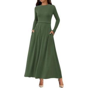 BTFBM Long Sleeve Dress for Women Spring Clothes 2026 Pockets Business Casual Pleated Fall Wedding Guest Dresses(Army Green)