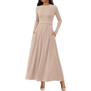 BTFBM Long Sleeve Dress for Women Spring Clothes 2026 Pockets Business Casual Pleated Fall Wedding Guest Dresses(Beige)