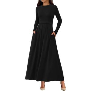 BTFBM Long Sleeve Dress for Women Spring Clothes 2026 Pockets Business Casual Pleated Fall Wedding Guest Dresses(Black)