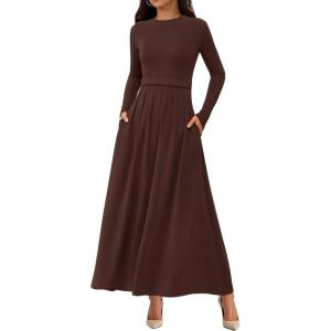 BTFBM Long Sleeve Dress for Women Spring Clothes 2026 Pockets Business Casual Pleated Fall Wedding Guest Dresses(Brown)