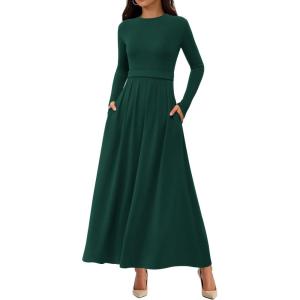 BTFBM Long Sleeve Dress for Women Spring Clothes 2026 Pockets Business Casual Pleated Fall Wedding Guest Dresses(Dark Green)