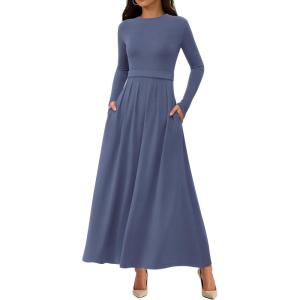 BTFBM Long Sleeve Dress for Women Spring Clothes 2026 Pockets Business Casual Pleated Fall Wedding Guest Dresses(Grey Blue)