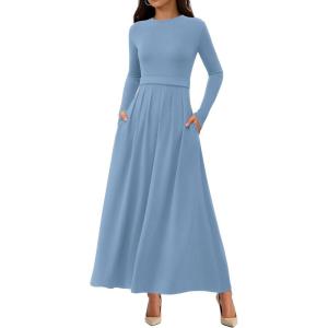 BTFBM Long Sleeve Dress for Women Spring Clothes 2026 Pockets Business Casual Pleated Fall Wedding Guest Dresses(Light Blue)