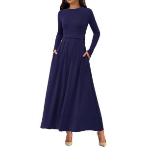BTFBM Long Sleeve Dress for Women Spring Clothes 2026 Pockets Business Casual Pleated Fall Wedding Guest Dresses(Navy Blue)