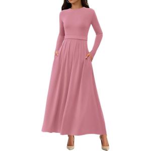 BTFBM Long Sleeve Dress for Women Spring Clothes 2026 Pockets Business Casual Pleated Fall Wedding Guest Dresses(Pink)