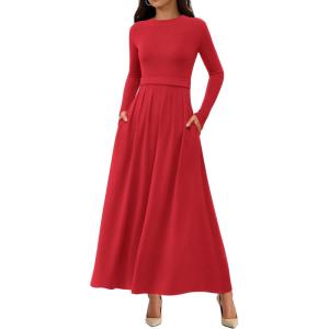 BTFBM Long Sleeve Dress for Women Spring Clothes 2026 Pockets Business Casual Pleated Fall Wedding Guest Dresses(Red)