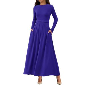 BTFBM Long Sleeve Dress for Women Spring Clothes 2026 Pockets Business Casual Pleated Fall Wedding Guest Dresses(Royal Blue)