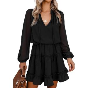 BTFBM Long Sleeve Fall Dresses for Women 2025 Summer Casual Tie Neck Ruffle Tiered A Line Wedding Guest Short Mini Dress(Dot Black)