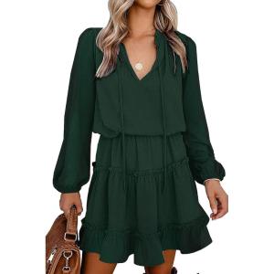 BTFBM Long Sleeve Fall Dresses for Women 2025 Summer Casual Tie Neck Ruffle Tiered A Line Wedding Guest Short Mini Dress(Dot Dark Green)