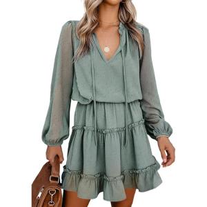 BTFBM Long Sleeve Fall Dresses for Women 2025 Summer Casual Tie Neck Ruffle Tiered A Line Wedding Guest Short Mini Dress(Dot Green)