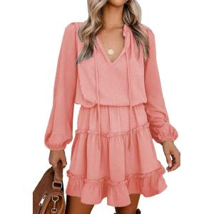 BTFBM Long Sleeve Fall Dresses for Women 2025 Summer Casual Tie Neck Ruffle Tiered A Line Wedding Guest Short Mini Dress(Dot Pink)